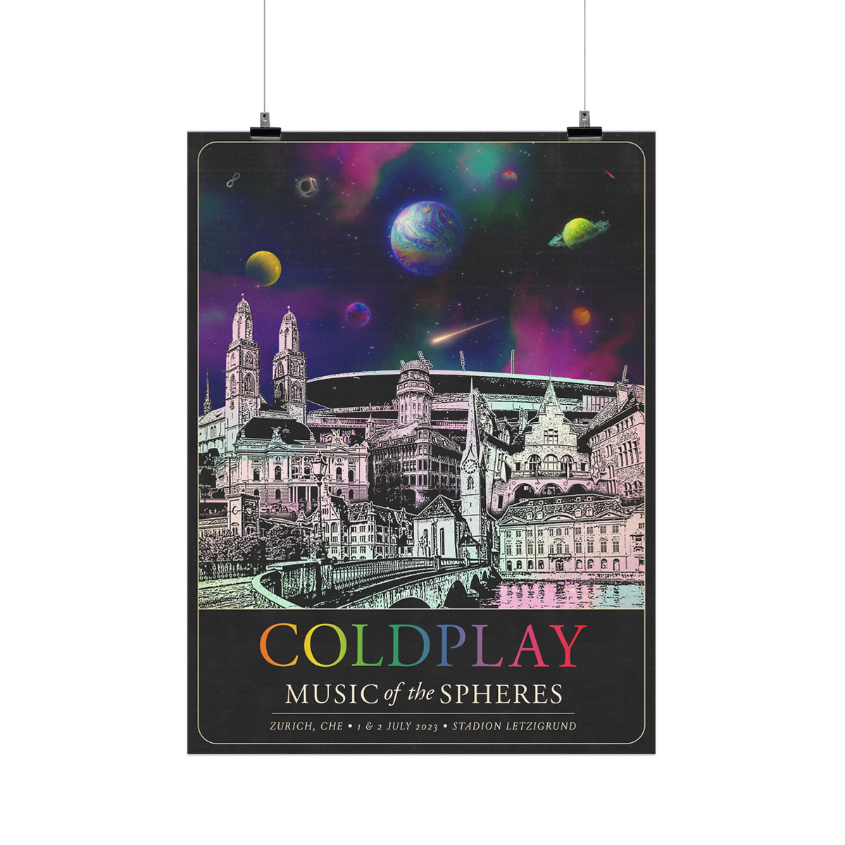 The spheres,🌘&a rainbow arc on a starry night sky above city landmarks: Fraumünster church, with the stained glass windows by Chagall. The Opera House, with Baroque decor&angel statues. The Grossmünster cathedral and its twin towers. St. Peter’s Church, with a large clock face. The observatory dome, Swiss National Museum. Letzigrund Stadium, and Limmat River. A🤍♾️circle&🌈adorn the 3 arches of Münsterbrücke bridge. COLDPLAY written in neon rainbow colors. MUSIC OF THE SPHERES, dates&venue