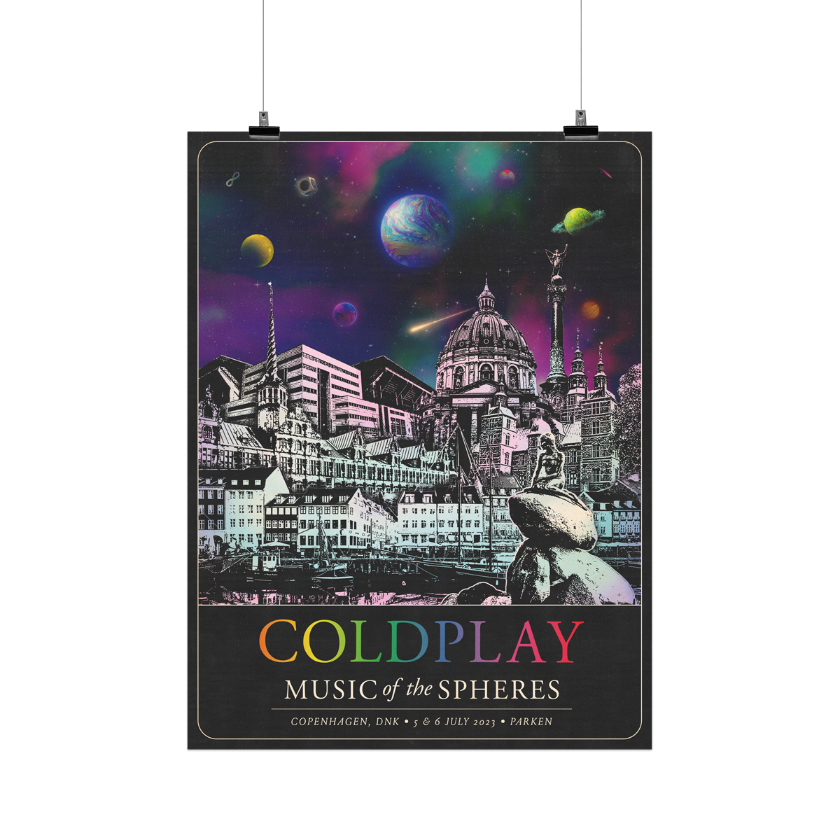 The spheres,🌘&a rainbow arc on a starry night sky above city landmarks: Statue of the Little Mermaid sitting on a rock in the water, in front of a row of old houses and ships, from the Nyhavn Canal. The houses have large windows&gable roofs, and are adorned by a🤍♾️circle&🌈The Rosenborg castle. Frederik’s Church. The Ivar Huitfeldt column, with an angel on top. The Børsen stock exchange building, and Parken Stadium. COLDPLAY written in neon rainbow colors. MUSIC OF THE SPHERES, dates&venue