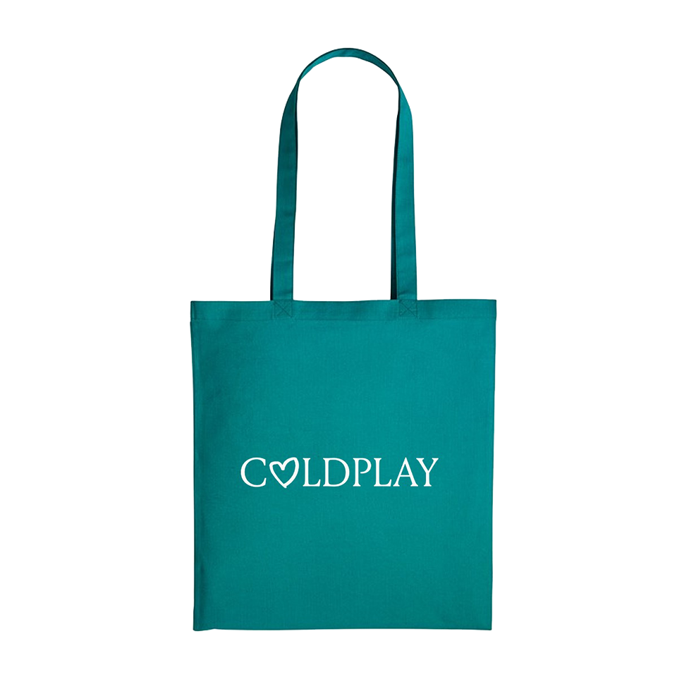 Back: COLDPLAY is printed in white, with a hand-drawn heart shape making the letter O; The text is in a serif style, with small lines or strokes attached to the ends of the letters.