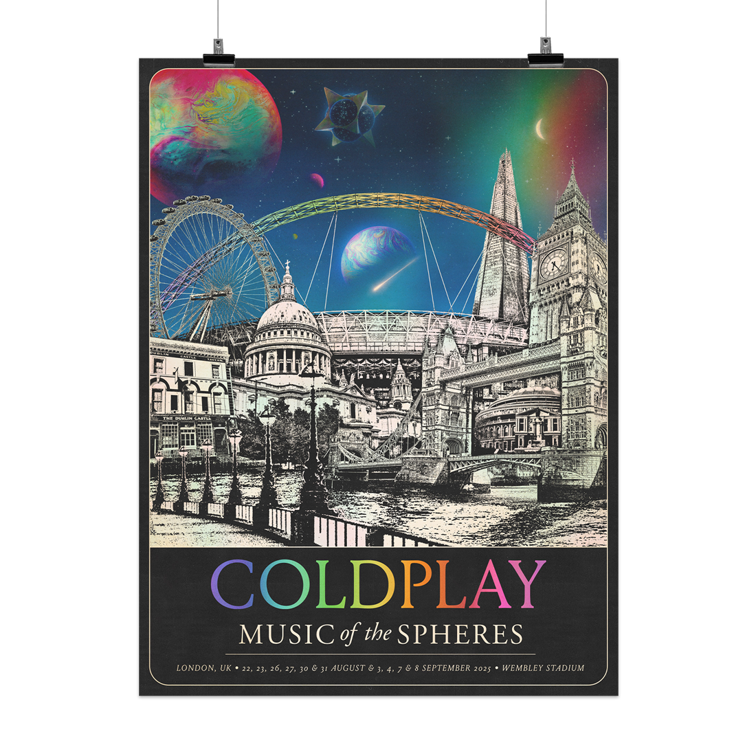 The spheres,🌘&🌈on starry night sky above city landmarks: St.Paul’sCathedral of lightGrey stone. Its huge dome has2clocktowers. A gold ball holds a✝️TheBigBen’s4clock faces. ElizabethTower spire&its🌼👑London👁️a🎡Shard skyscraper,&TowerBridge aboveRiver Thames. A mosaic of art&science achievement encircles RoyalAlbertHall. A🤍♾️○&🌈adorn DublinCastle, aCamden Irish pub where the band played a first show as Coldplay.&Wembley🏟️its arch glows like a🌈COLDPLAY written in neon tones. MUSIC OF THE SPHERES, dat