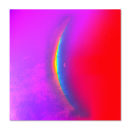 The poster features a crescent moon in the center with a large, arced rainbow light dispersion to the left. The colors created by the light dispersion flow from red to orange, yellow, green, light and dark blue. In contrast to the standard edition, which has a blue sky filled with stars, on the Full Moon edition, the design stands out on a rich background of red, purple and lilac hues that smoothly shift through darker and lighter shades, making a seamless gradient.