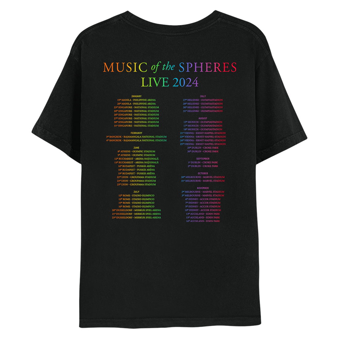 Back: MUSIC OF THE SPHERES and 2024 tour dates, cities and stadiums, in a neon colors gradient of orange, yellow, green, blue, violet, pink and red. LIVE 2024, in light green, yellow, blue, and purple. The dates go from January to November, organized in 2 columns.
