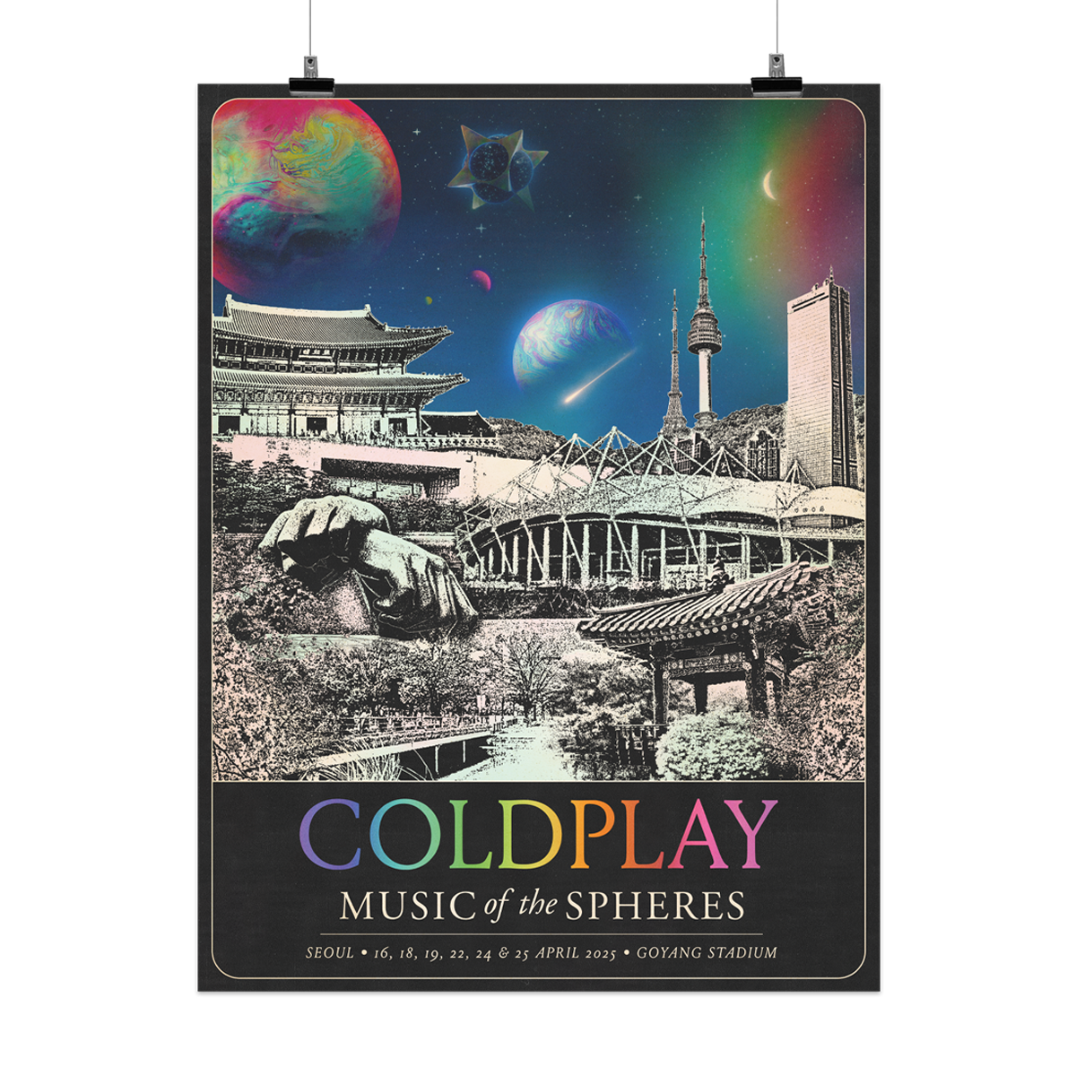The spheres, 🌘&a rainbow arc on a starry night sky above city landmarks: N Seoul Tower on a Mountain, with cylindrical base, large windows, observation deck&antennas; Yeouido Park's grassy fields, gardens&gazebo; forest cherry blossoms; Gangnam statue of 2 huge hands with wrists crossed as if holding reins in a horse ride dance; Gyeongbokgung Palace; National Museum, 63 building&Goyang stadium. A 🤍♾️circle&🌈 adorn its roof. COLDPLAY written in neon rainbow colors. MUSIC OF THE SPHERES, Seoul, dates&venue
