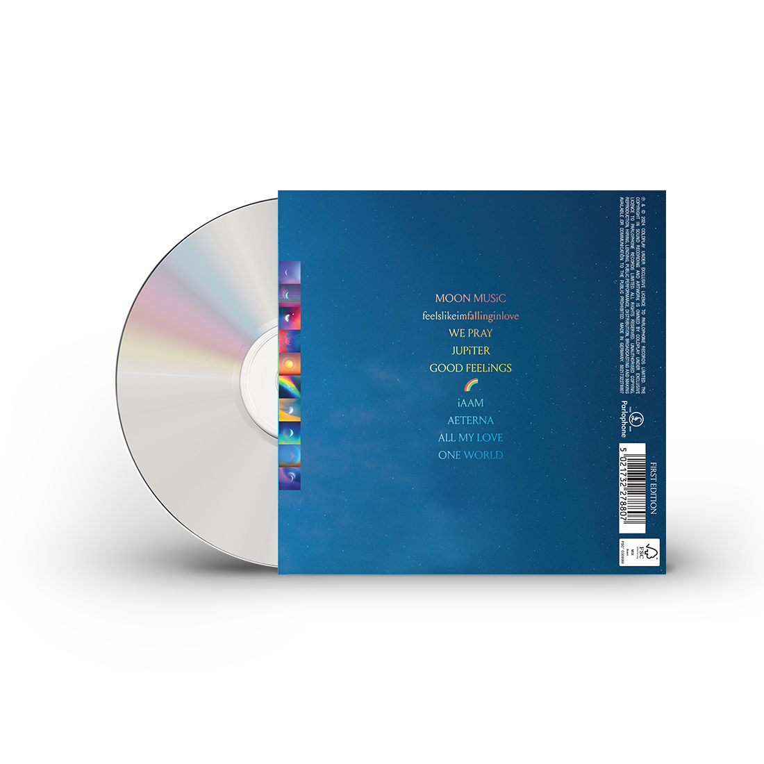 Back of CD case, with track list on a deep blue starry sky . Each track is a different color gradient: Moon Music, feelslikeimfallinginlove&We Pray are in yellows&pinks. Jupiter and Good Feelings are in yellows,🌈appears as seen in the emoji, iAAM, Aeterna, All My Love&One World  are in lighter&darker blues. A vertical strip has mirrored moon cycle paintings, on changing backgrounds of all colors of the🌈&the world in orange shades with a yellow☀️in a white circle;1moon gives off colorful trails of light