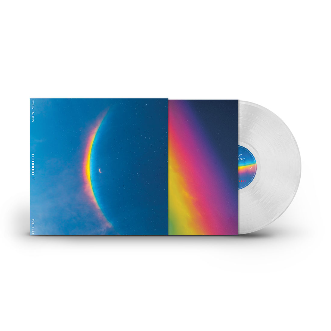 Vinyl record&sleeve. The artwork features a crescent moon in the center, with a large, arced rainbow light dispersion to the left. The colors created by the light dispersion flow from red to orange, yellow, green, light&dark blue, on a blue sky filled with stars. In white, Moon Music&Coldplay are written. An11face moon cycle is arranged vertically from🌒to🌕in the center, back to🌘The record center label mirrors the artwork colors, in a radiant spectrum of blue, pink, purple, yellow&green shades.