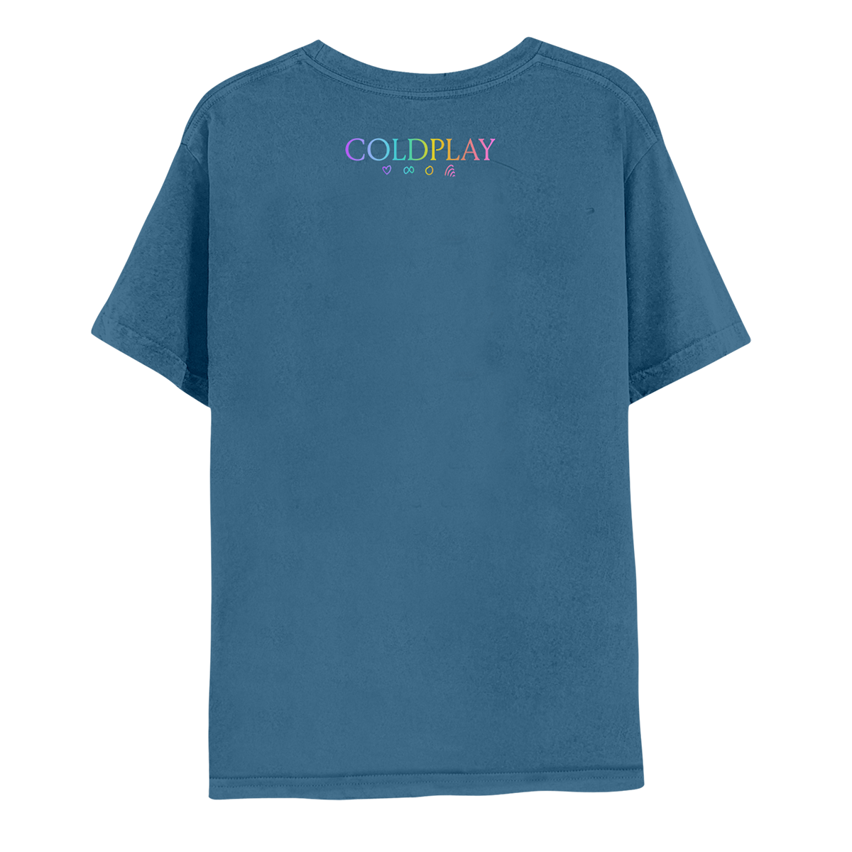 Back: Coldplay is printed in a rainbow colors gradient, with a purple heart, a green infinity sign, an orange circle and Chris’s pink rainbow doodle below it. C is purple, O is light blue, L is blue, D is green to yellow, P is yellow, L is orange, A is pink, and Y is pink.