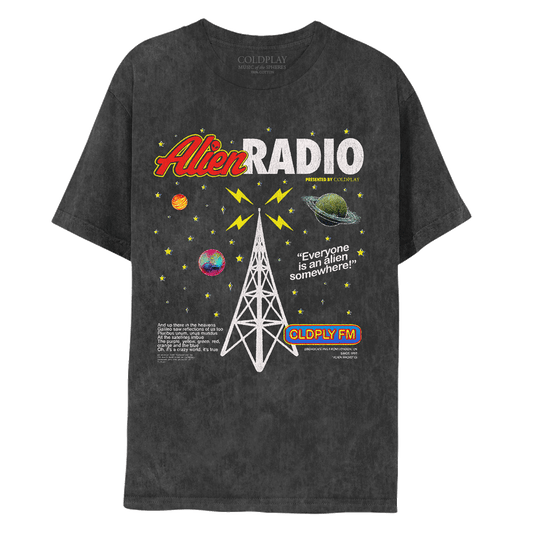 Front: Yellow stars and 3 planets surround a white radio tower with yellow lightning sparking at the top. Text: Alien in red with yellow trim, alien face on letter I, RADIO in white font. PRESENTED BY COLDPLAY in yellow. Everyone is an Alien Somewhere! The last chorus of Coloratura with origin of song by the Earth band known as Coldplay at the tower's left base. CLDPLY FM in a blue oval with red & yellow trim at the tower's right base. BROADCASTING FROM LONDON UK SINCE 1997 in white.