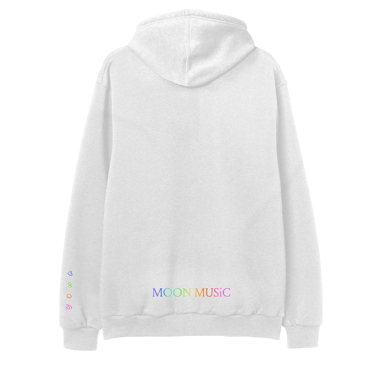 Back: MOON MUSIC written in rainbow colors on the low back above the hem. M is purple, first O is light blue, second O is teal, N is green to yellow, M is orange, U is dark orange, S and I are bright pink, and C is a muted pink. The hoodie is white heather.