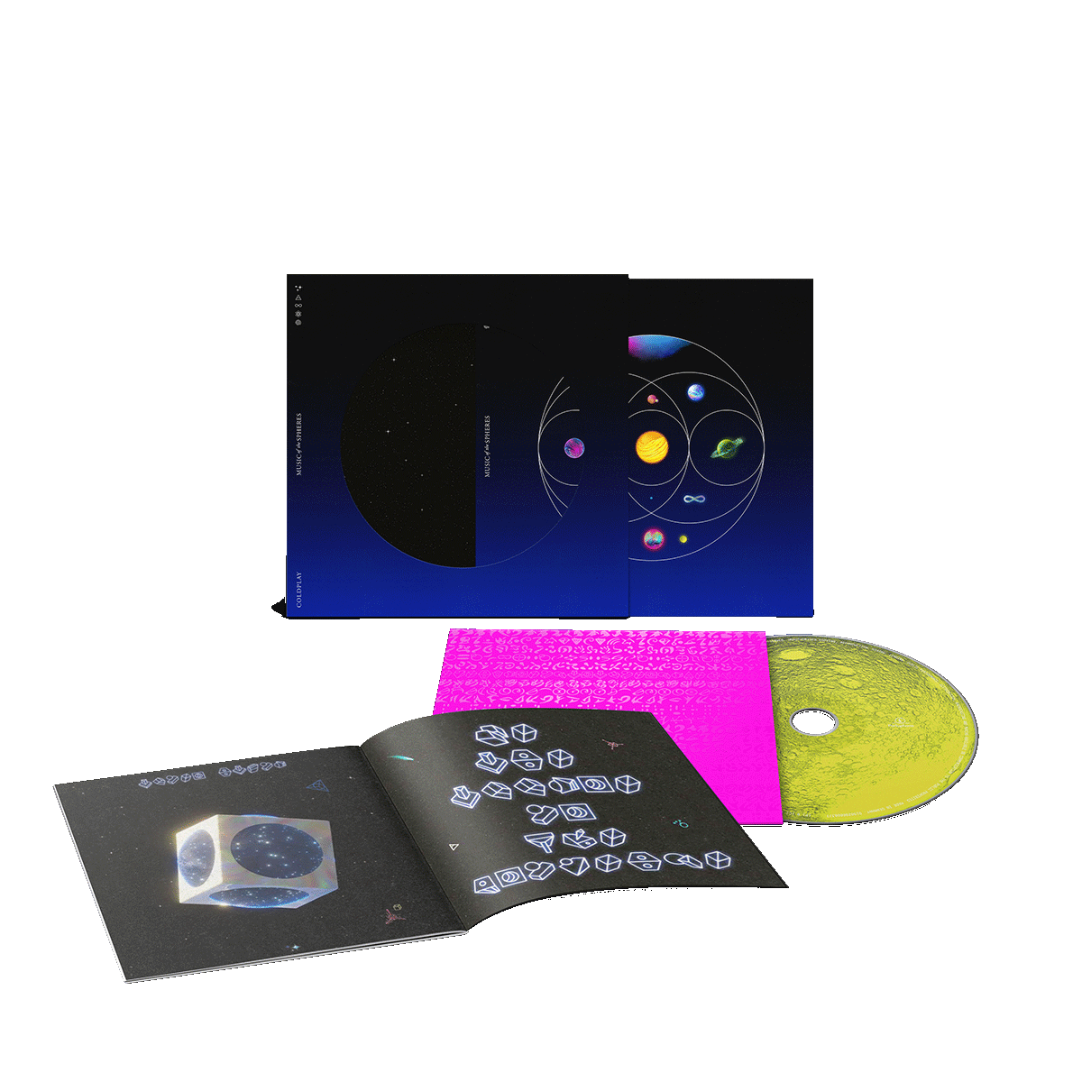 Yellow💿pink case,&alien alphabet📖coverFades fromBlack toBlue: 11planetsIn circles overlap likeVennDiagram: pink, blue, green&purpleNebula. GreenPlanet of flowers, turquoiseRivers&foliage💍goldenSphere of solarFlares&fieryOrangeLava. Planet of darkBlue, magenta&white oceanWaves. DeepBlue circuitBoard planet in silverCube.1of purple&indigoSwirls.1as aPurple, blue&green♾️Blue&purplePlanet. PinkSphere withOrangeCrater&greenMoon. BrightBlueOpal with💍&pink, blue, purple&greenPlanet with pink&yellowNeonMoons