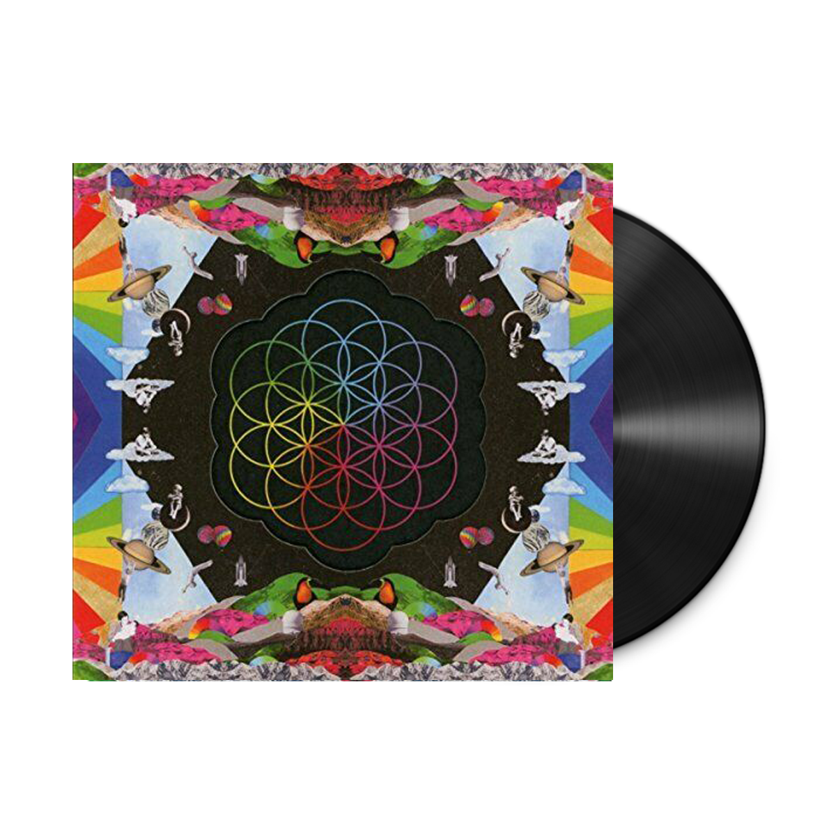 Black vinyl in sleeve:The flower of life is in the center of the cover, with intertwined circles as blue, green, yellow, orange, pink&purple petals. The band appear as kids: Phil sits on a white fluffy☁️Chris sits on the moon, Jonny hangs from Saturn’s rings, Will jumps into a swimming pool,&Guy holds his baby brother. Mirrored mountains&green hills grace the edges,AsWellAsPlanets, a👨🚀rainbowStripes,Birds,&aToucanWith aBrightYellowChest,BlackHead&beak,&anOrangeFace;IllustrationsForm aKaleidoscope