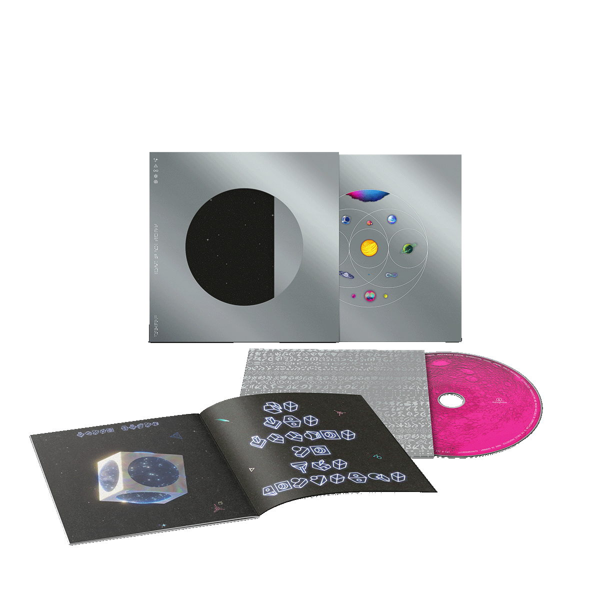 1: Pink💿silverCase, alienAlphabet📖&silver cover: 11planets in circles overlap likeVennDiagram: pink, blue, green&purpleNebula. GreenPlanet ofFlowers, turquoiseRivers&foliage💍RadiantGoldenSphere of solarFlares&fireOrangeLava. Planet of darkBlue, magenta&white oceanWaves. DeepBlue circuitBoard planet in silverCube.1of purple&indigoSwirls.1as aPurple, blue&green♾️Blue&purplePlanet. PinkSphere withOrangeCrater&greenMoon. BrightBlueOpal with💍&pink, blue, purple&greenPlanet with pink&yellowNeonMoons