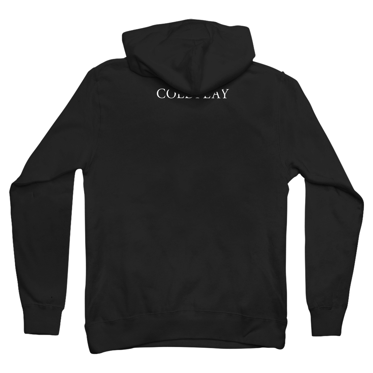 Back: The hoodie is black. COLDPLAY printed in white below the hood. MUSIC of the SPHERES written vertically on the right sleeve in white.