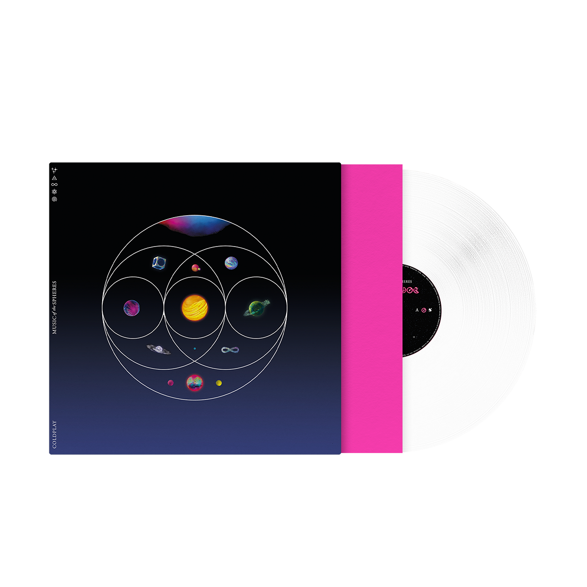 1: Vinyl, brightPinkSleeve&cover: 11planetsIn circles overlap likeVennDiagram: pink, blue, green&purpleNebula. GreenPlanet ofFlowers, turquoiseRivers&foliage💍RadiantGoldenSphere of solarFlares&fireOrangeLava. Planet of darkBlue, magenta&white oceanWaves. DeepBlue circuitBoardPlanet in silverCube.1of purple&indigoSwirls.1as aPurple, blue&green♾️Blue&purplePlanet. PinkSphere withOrangeCrater&greenMoon. BrightBlueOpal with💍&pink, blue, purple&greenPlanet with pink&yellowNeonMoons. CoverFades fromBlack toBlue