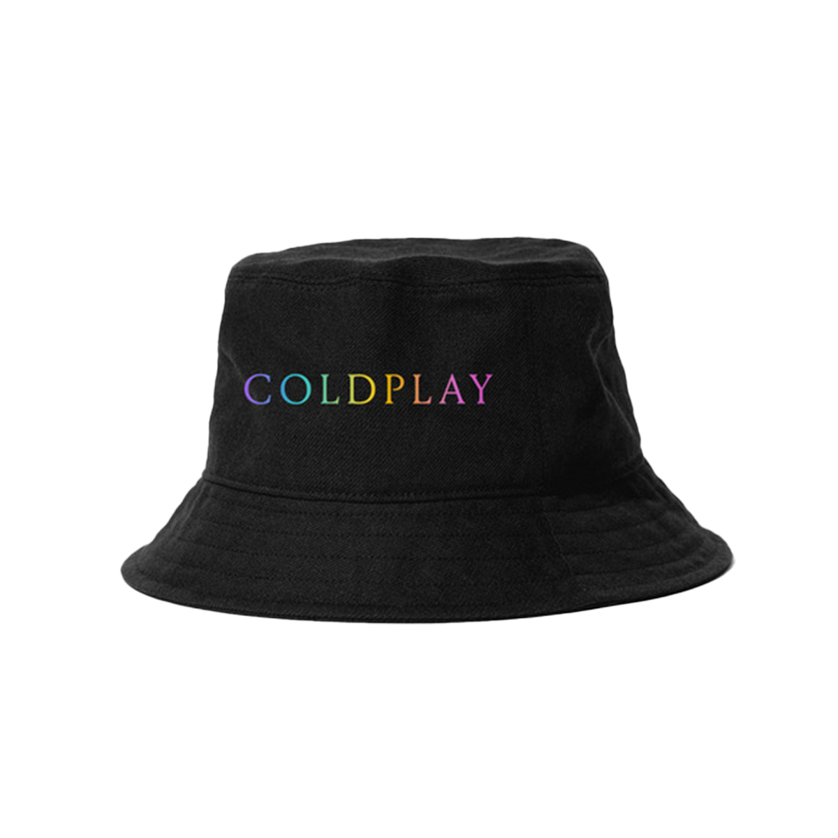 Coldplay embroidered on the front of a black bucket hat in a rainbow gradient. C is lilac, O is teal, L is light green, D is yellow, P is yellow orange, L is orange pink, A is light pink, and Y is dark pink.
