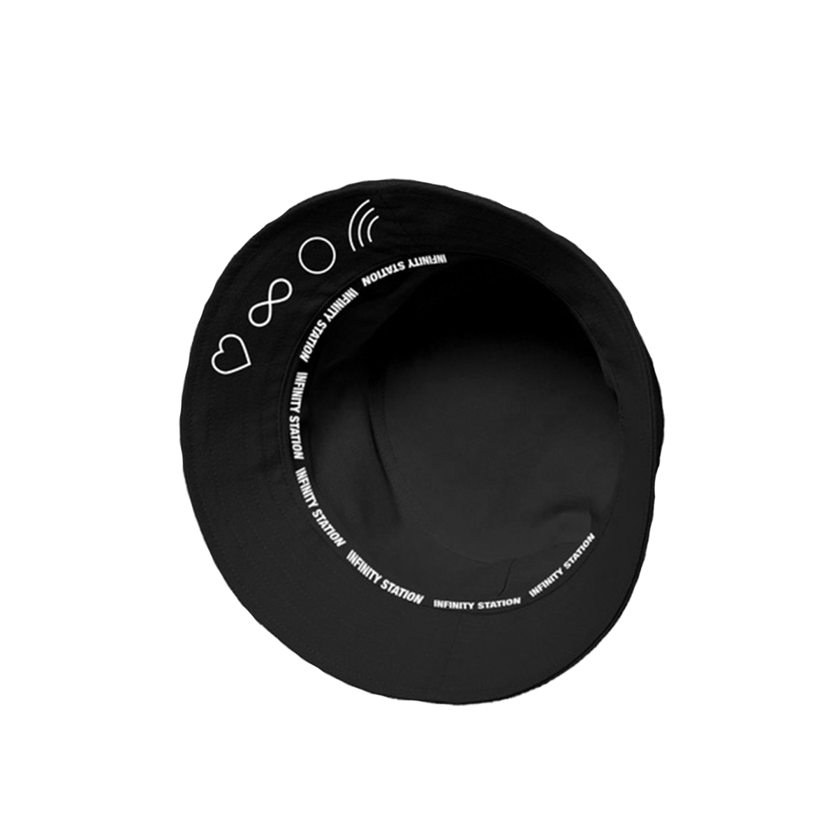 The underside of the bucket hat has “INFINITY STATION” printed around the seam which connects the hat to the prim. There are heart, infinity, circle and rainbow symbols large under the brim in white. The hat is black.