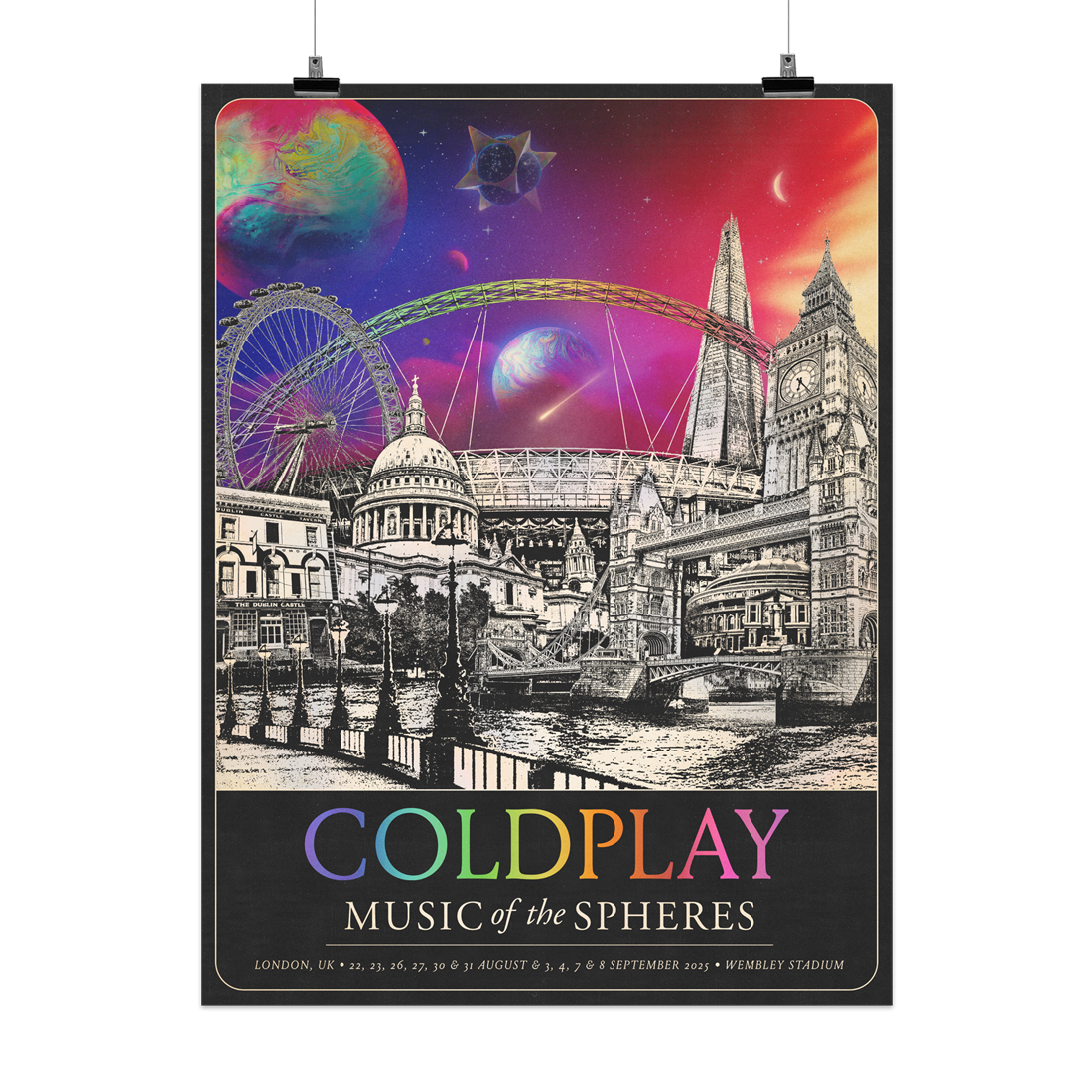 The Spheres&🌘 in a colorful sunset sky above city landmarks: St.Paul’sCathedral with Dome and 2clocktowers. A gold ball holds a✝️TheBigBen’s4clock faces. ElizabethTower spire&its🌼👑London👁️a🎡Shard skyscraper,&TowerBridge aboveRiver Thames. A mosaic of art&science triumph encircles RoyalAlbertHall. A🤍♾️○&🌈adorn DublinCastle, Camden Irish pub where the band played a first show asColdplay.&Wembley🏟️its arch glows like a🌈COLDPLAY written in neon tones. MUSIC OF THE SPHERES, dates&venue