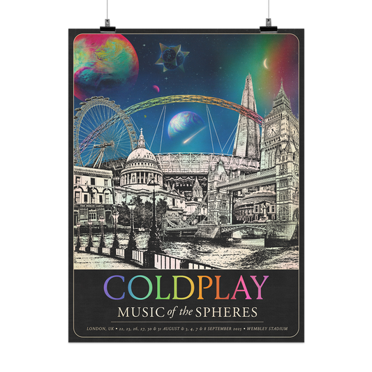 The spheres,🌘&🌈on starry night sky above city landmarks: St.Paul’sCathedral of lightGrey stone. Its huge dome has2clocktowers. A gold ball holds a✝️TheBigBen’s4clock faces. ElizabethTower spire&its🌼👑London👁️a🎡Shard skyscraper,&TowerBridge aboveRiver Thames. A mosaic of art&science achievement encircles RoyalAlbertHall. A🤍♾️○&🌈adorn DublinCastle, aCamden Irish pub where the band played a first show as Coldplay.&Wembley🏟️its arch glows like a🌈COLDPLAY written in neon tones. MUSIC OF THE SPHERES, dat