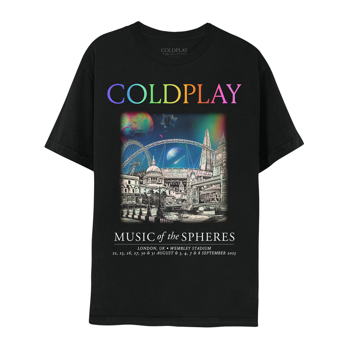 Front: The spheres,🌘&🌈on starry night sky above city landmarks: St.Paul’sCathedral of lightGrey stone. Its huge Dome has2clocktowers. A gold ball holds a✝️TheBigBen’s4clock faces. ElizabethTower spire&its🌼👑London👁️a🎡Shard skyscraper,&TowerBridge aboveRiver Thames. A mosaic of art&scienceTriumph encircles RoyalAlbertHall. A🤍♾️○&🌈adorn DublinCastle, CamdenIrish pub where the band played a first show asColdplay.&Wembley🏟️with a bigArch. COLDPLAY written in neon tones. MUSIC OF THE SPHERES, dates&venue