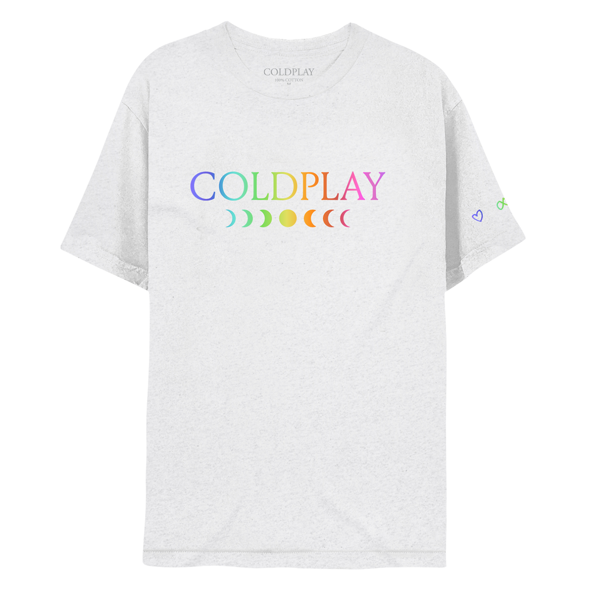 Front: COLDPLAY printed in a rainbow gradient. C is purple, O is light blue, L is green, D is green to yellow, P is orange, L is dark orange, A is bright pink, and Y is a muted pink. A 7-phase moon cycle sits below in the same color gradient. A purple heart, green infinity sign, orange circle, and pink rainbow adorn the left sleeve.